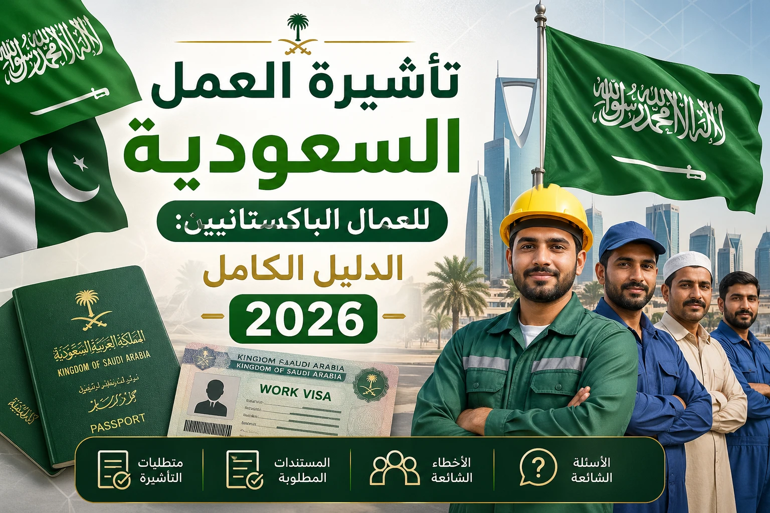 صورة مميزة لدليل تأشيرة العمل السعودية للعمال الباكستانيين 2026 مع رموز السعودية وعمال ومدينة الرياض