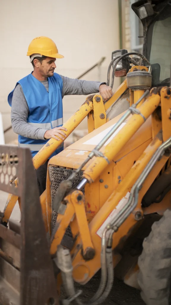 Pakistani heavy equipment operator inspecting construction machine