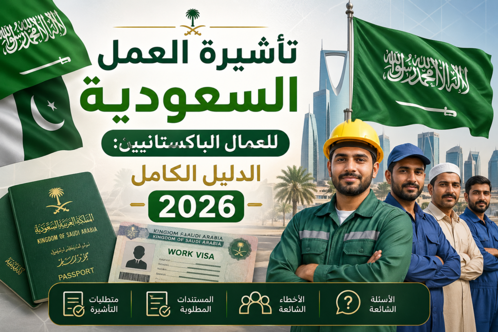 صورة مميزة لدليل تأشيرة العمل السعودية للعمال الباكستانيين 2026 مع رموز السعودية وعمال ومدينة الرياض