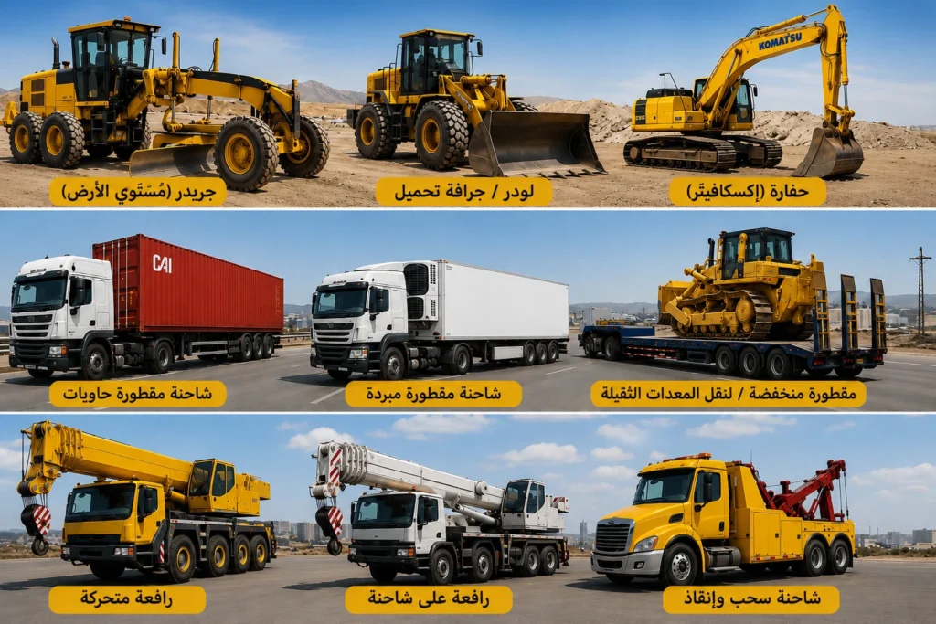 مجموعة من المعدات الثقيلة والشاحنات تشمل الجريدر واللودر والحفارة والمقطورات والرافعات وشاحنة السحب المستخدمة في مشاريع البناء والنقل