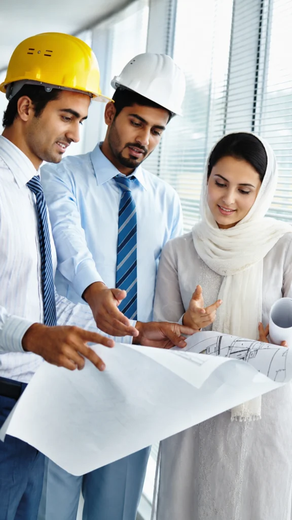 Pakistani engineers discussing construction plans for recruitment in Saudi Arabia