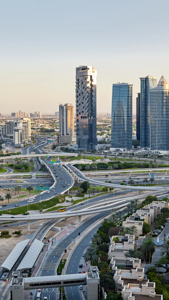 Dammam city skyline with modern high-rise buildings, highways and urban roads in Saudi Arabia