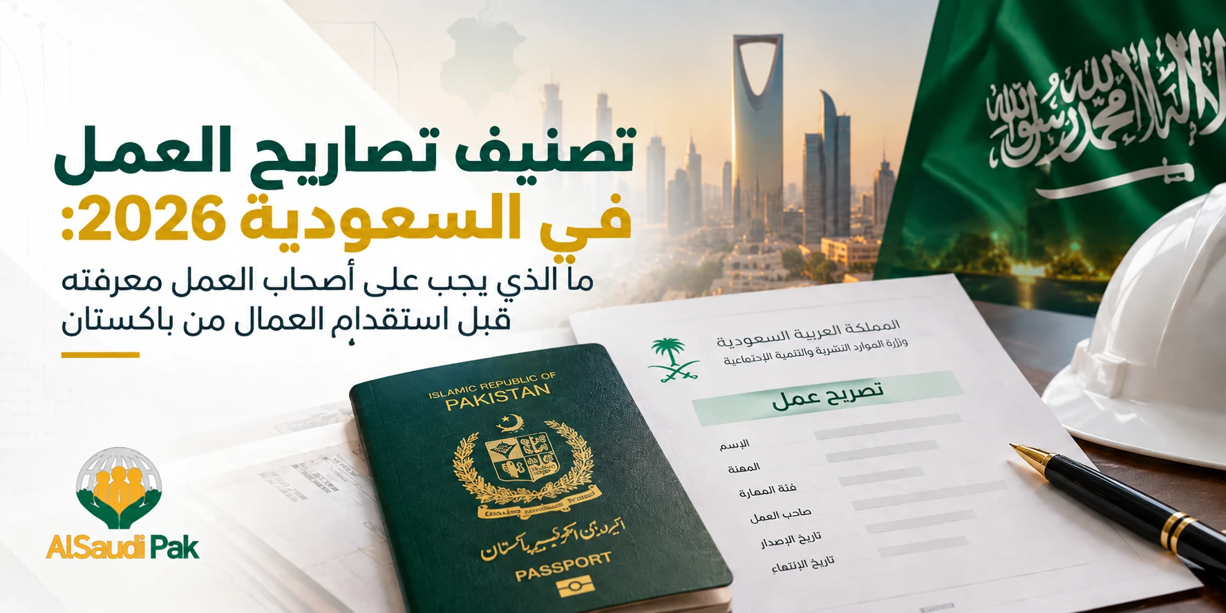 تصنيف تصاريح العمل في السعودية 2026 لأصحاب العمل مع جواز سفر باكستاني وتصريح عمل سعودي وعلم السعودية